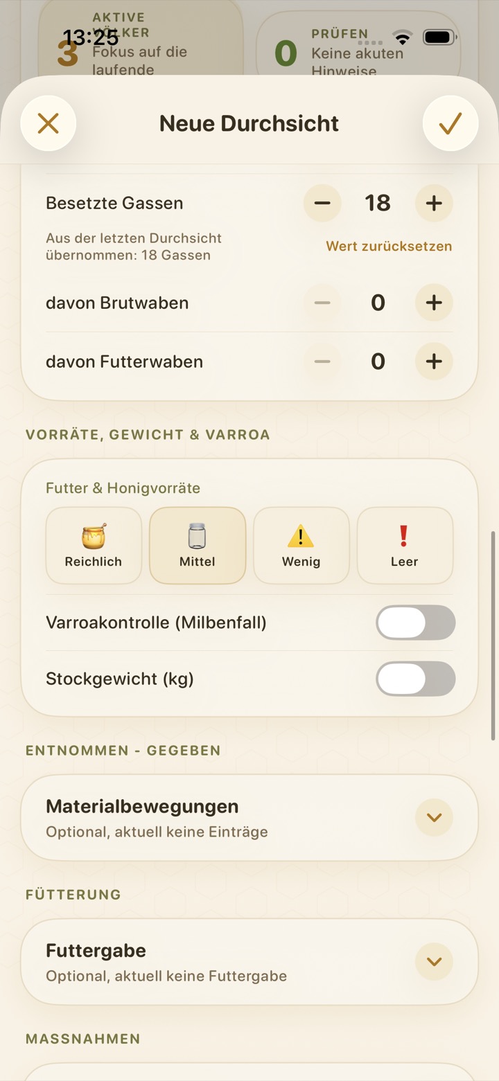 Durchsicht mit Vorräten, Varroakontrolle, Fütterung und Maßnahmen