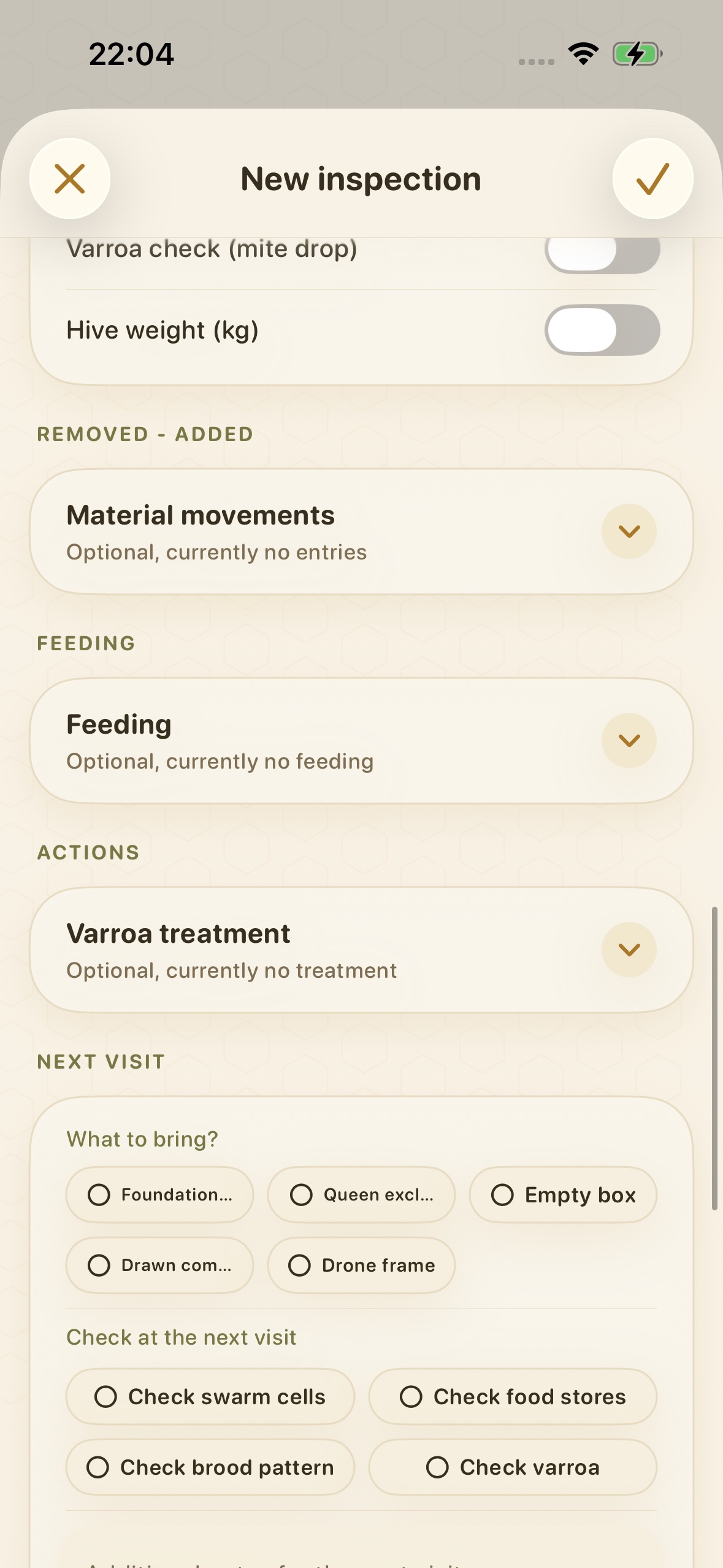 Feeding, treatment and next-visit planning in a BeeReady inspection